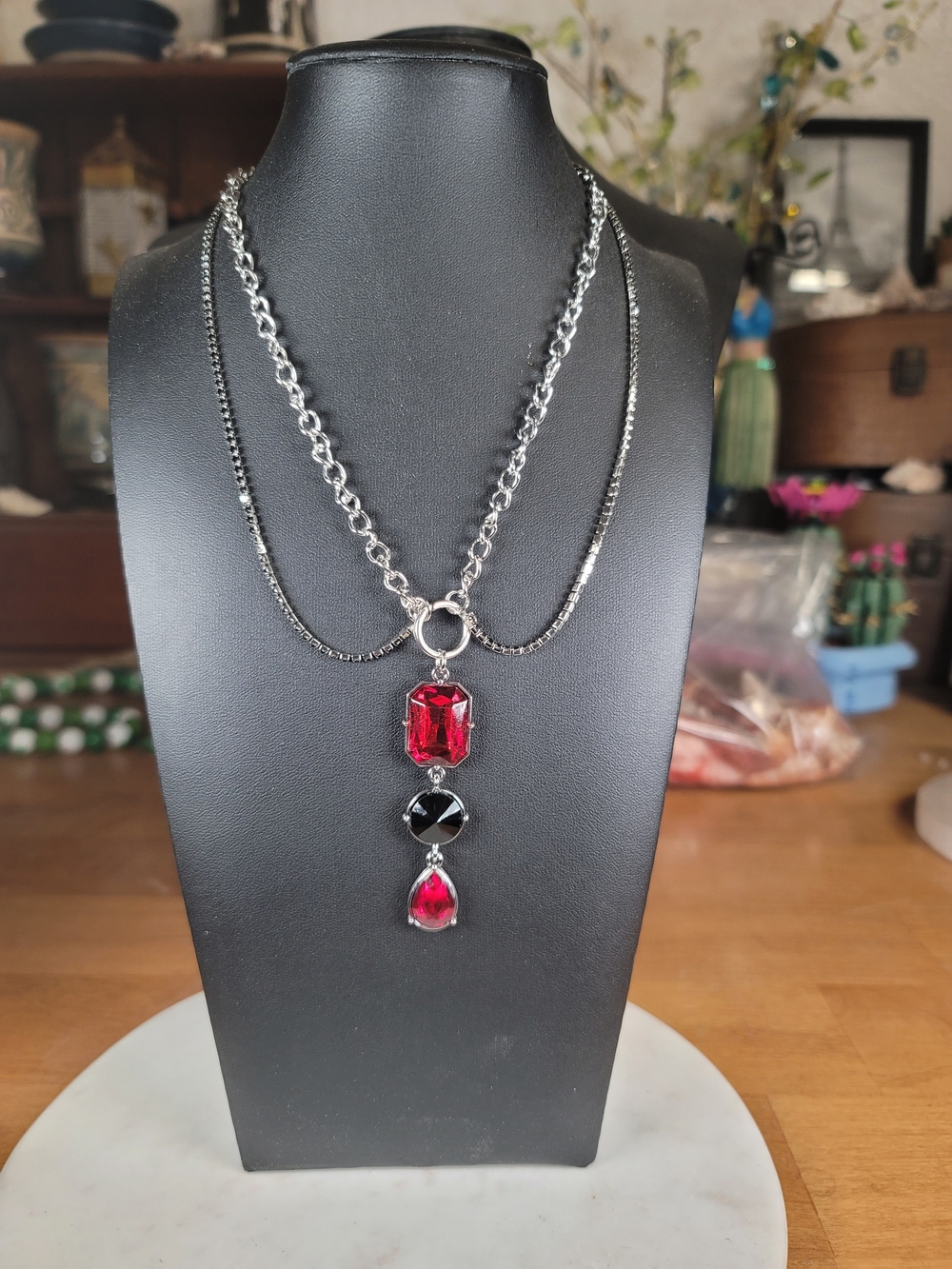 paparazzi Silver-Tone Necklace with Red and Black Gemstone Dangles